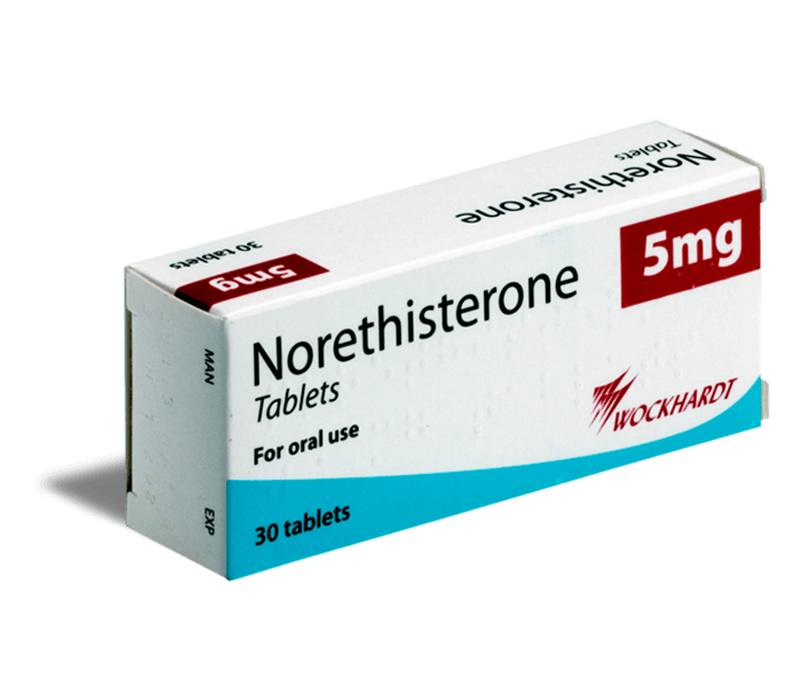 Engelskspråkig förpackning med Norethisterone 5 mg